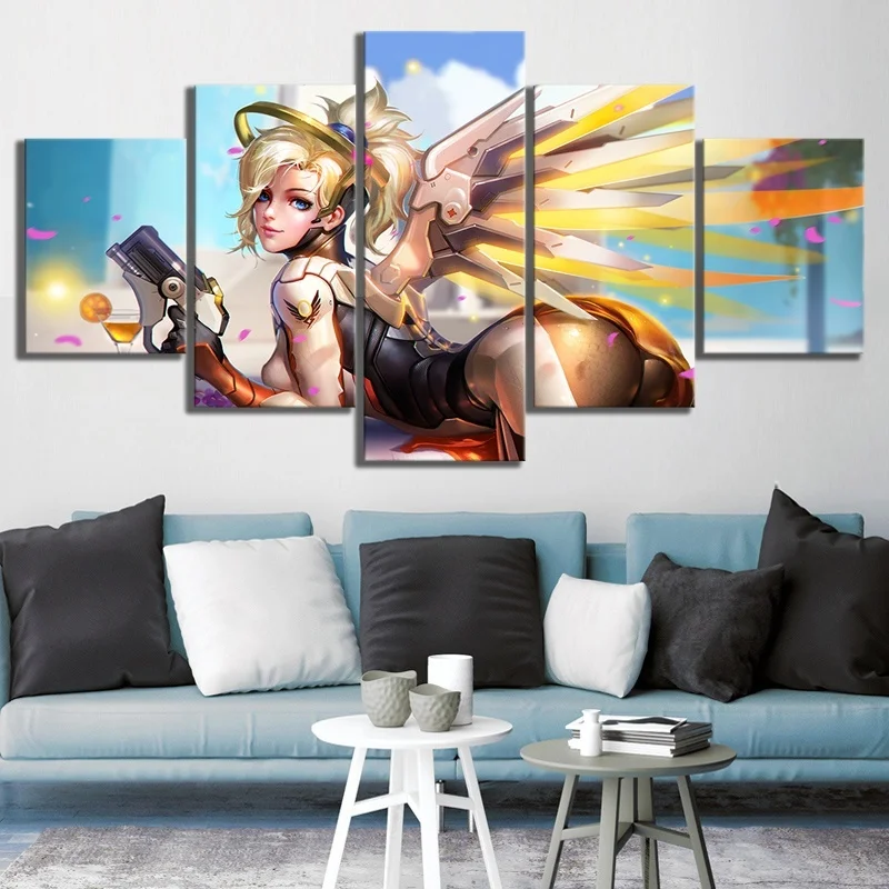 

5 Piece HD Sexy Anime Girl Pictures OVERWATCH Angela Ziegler Game Poster Canvas Paintings for Home Decor Wall Art