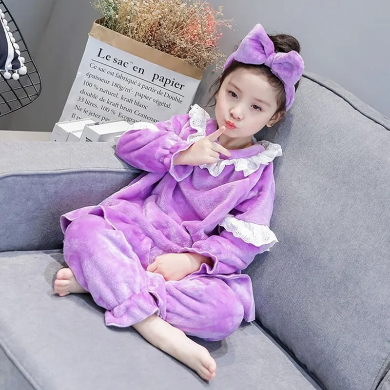 

Children Lace Flannel Pajamas for Girl Clothing Set Autumn Winter Kids Clothes 2-8Y Sleepwear Baby Toddler Set Send Headwear