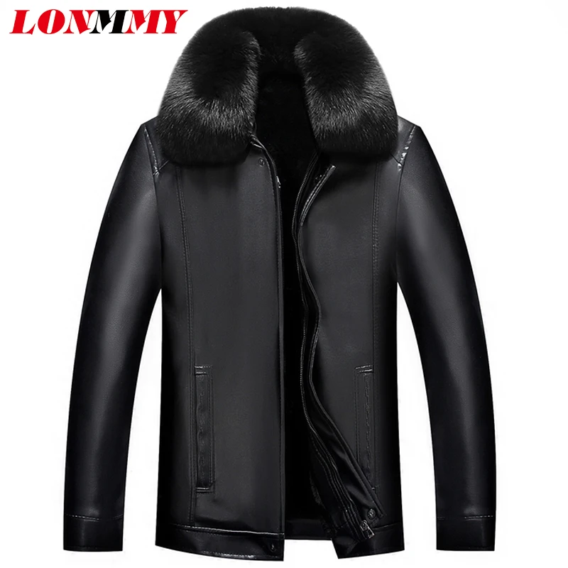 LONMMY толстый меховой воротник съемный Повседневная PU кожаная куртка мужская