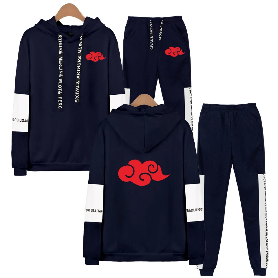 Осень зима аниме Наруто толстовки Толстовка+ спортивные штаны костюмы для мужчин женщин Harajuku Хип Хоп Учиха Хатаке Узумаки комплект из двух предметов - Цвет: Navy2