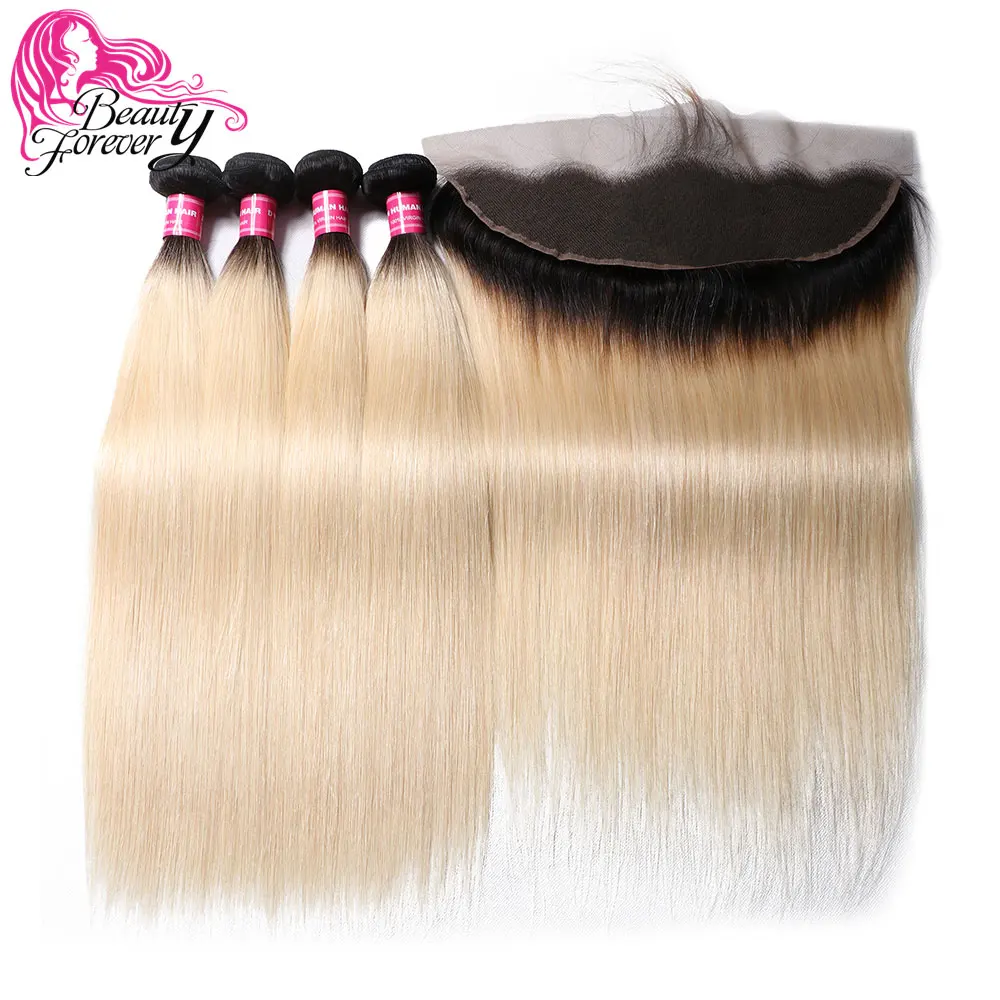 Beauty forever 13*4 кружева фронтальной прямые бразильские косички пучки волос с закрытием часть Remy человеческие волосы T1B/613