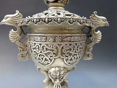 13 &quotКитай Серебро ручная работа резной Феникс сенсер Дракон благовония горелка