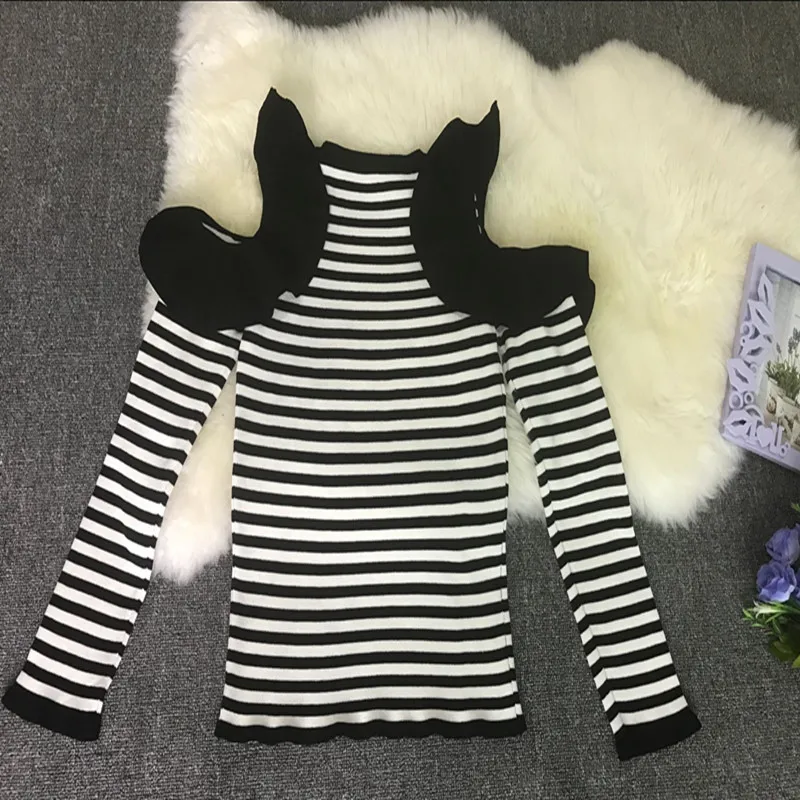 Elegant Woman Knitted Striped Sweater Tops Off Shoulder Long-sleeved Knitting Sweaters Pullover | Женская одежда
