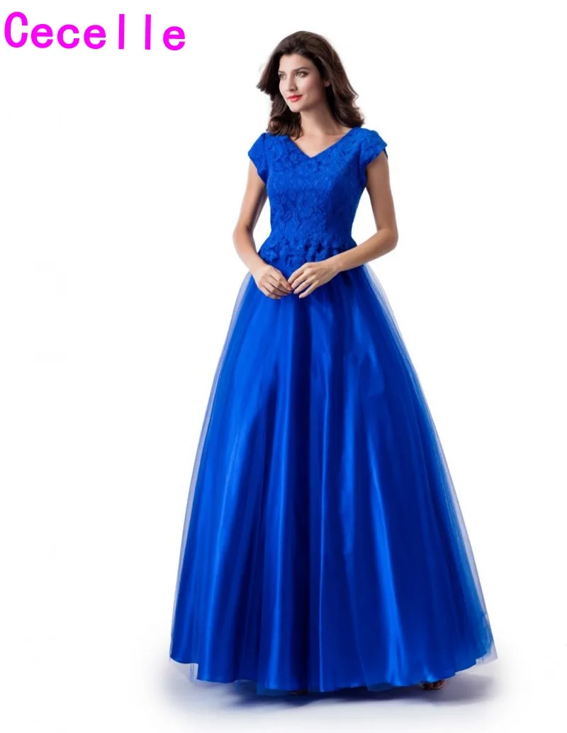 same as photo Королевский синий lacetulle, а-силуэт, длинный скромное, на выпускной платье одежда с рукавами с v-образным вырезом пол Длина простая одежда для девочки-подростка Скромные Вечерние платья - Цвет: same as photo