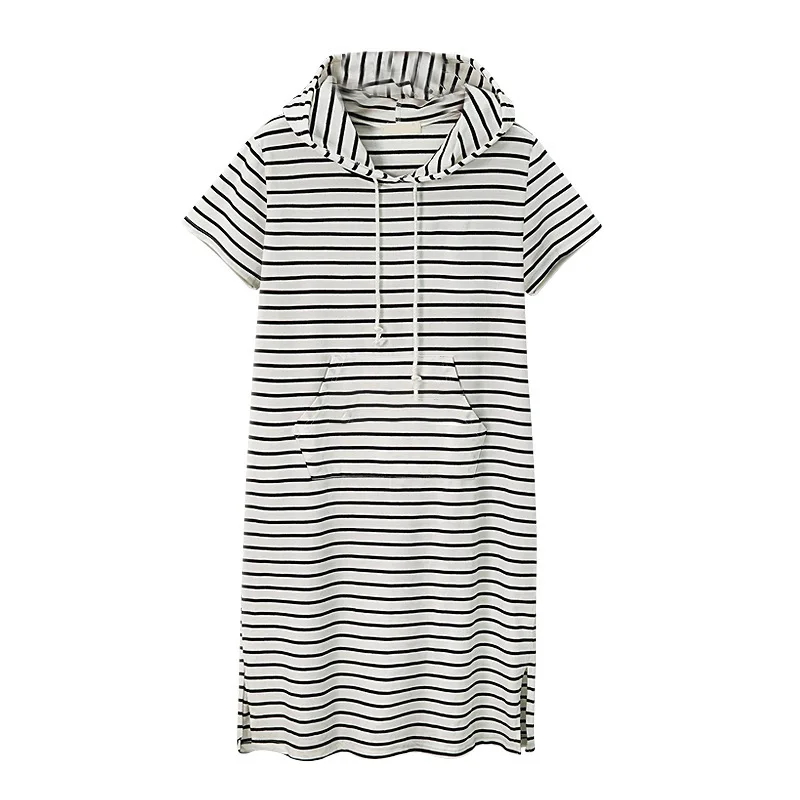 black white Платья больших размеров 5xl платье в полоску с капюшоном 6xl платье футболка длинное женское,оверсайз короткий рукав спортивное платье,свободное рубашка платье,одежда больших размеров - Цвет: black white