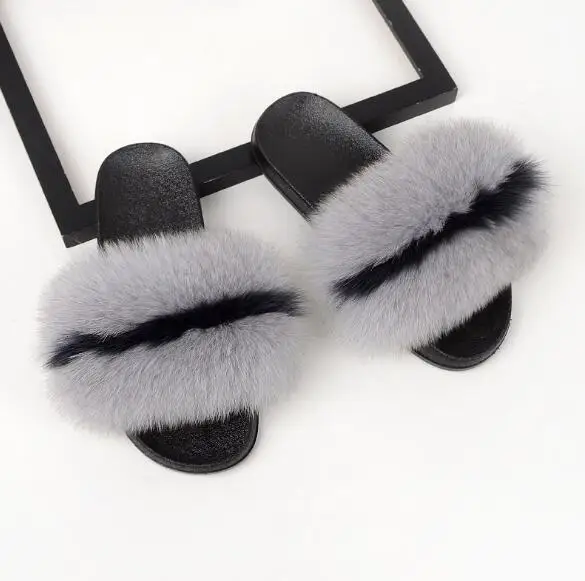 Fox Fur Mixed Тапочки из лисьего меха; женские домашние пушистые тапочки; Плюшевые Пушистые летние туфли на плоской подошве; Милая женская обувь; Лидер продаж; милая обувь; большой размер 45 - Цвет: Fox Fur Mixed