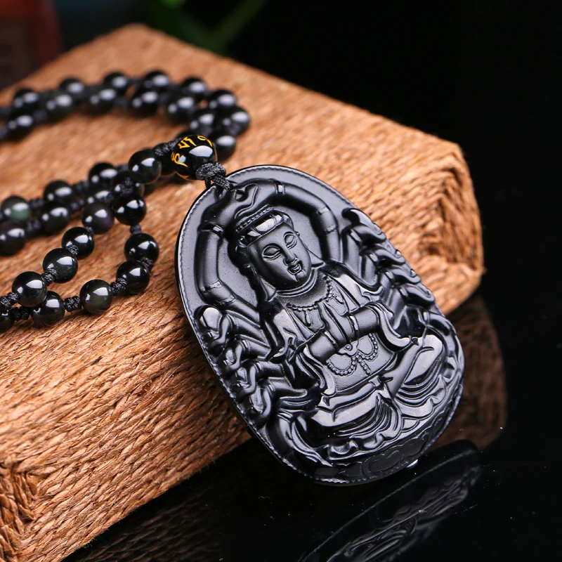 Натуральный камень кварц кристалл черный обсидиан ручной работы Avalokitesvara бусы