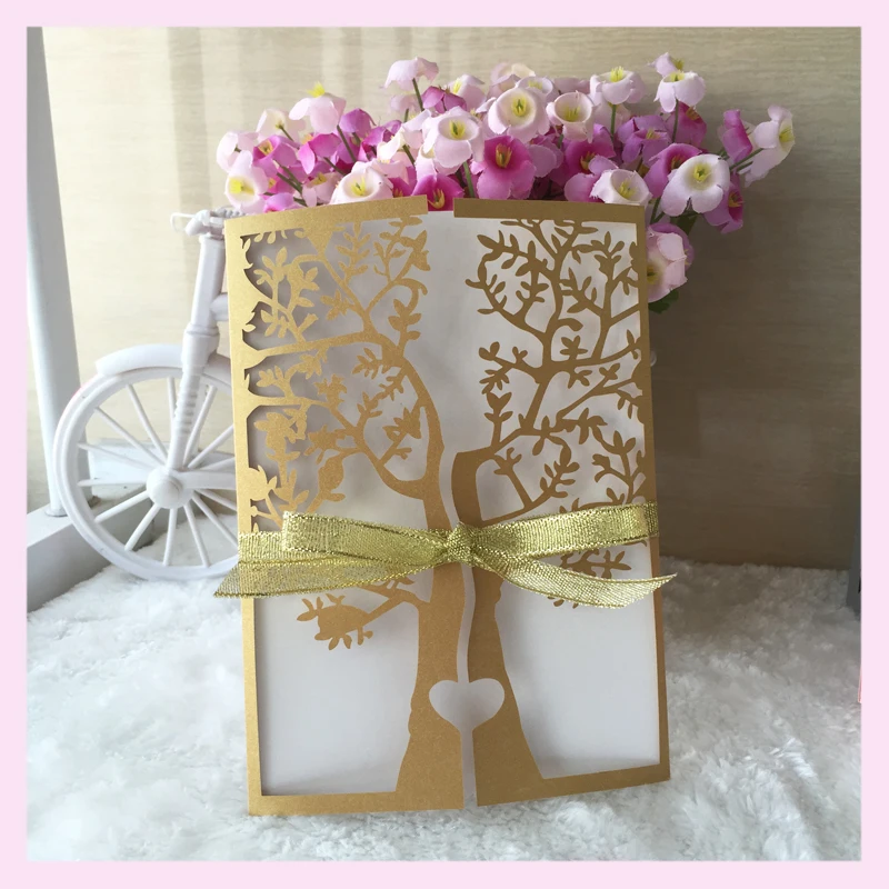 Золотые свадебные приглашения украшения лазерная резка дерева с любовным