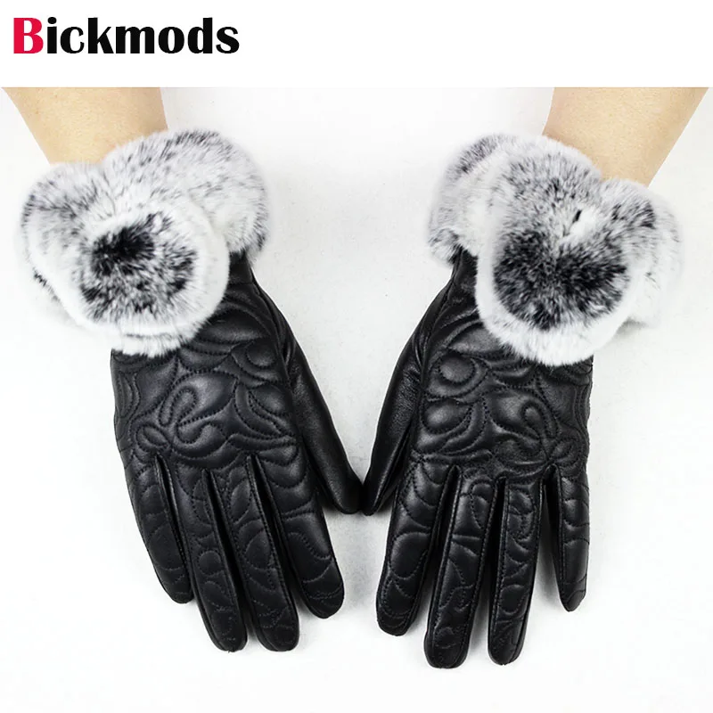 Winter Warm Sheepskin Leather Gloves Female Rex Rabbit Hair Embroidered Velvet Lining Thickened Ladies Windproof Finger Gloves