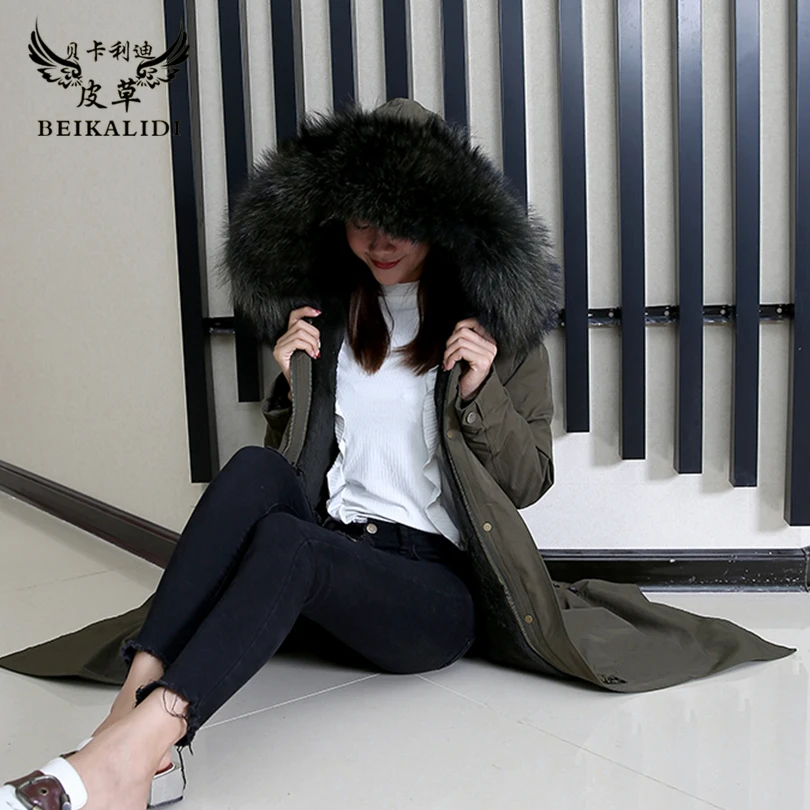 Женская парка с натуральным мехом BEIKALIDI настоящий мех кролика женская зимняя