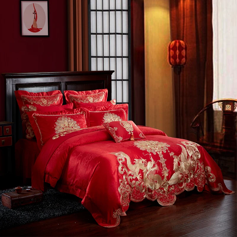 Роскошная вышивка Свадебный комплект постельного белья из 4/6/9 предметов сатин