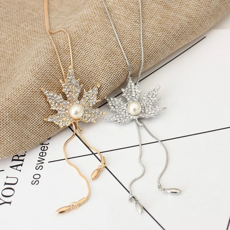 Цепочка женская с подвеской в виде кленового листа, с бусинами, 2018, бижутерия с жемчужным украшением