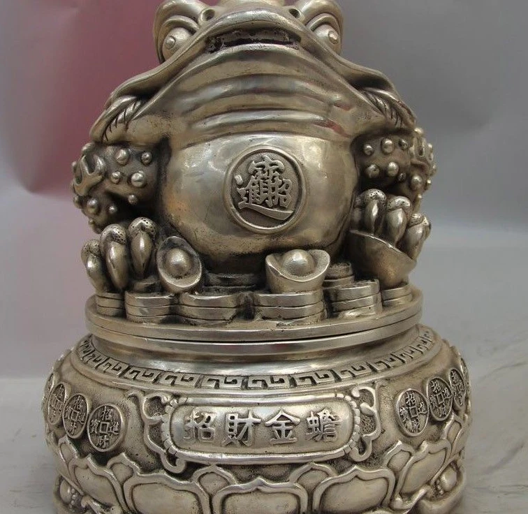 

China White Copper Silver YuanBao Wealth Money Golden toad Incense Burner Censer
