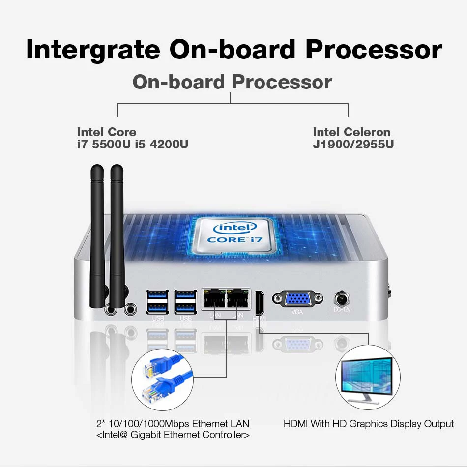 Двойной гигабитный Ethernet LAN Мини компьютер без вентилятора Core i5 4200U i7 5500U Мини ПК Celeron 2955U Windows 10 HDMI RGB USB PC