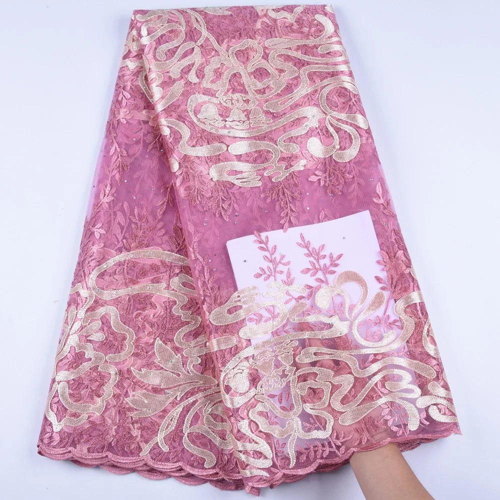 

Pink African Lace Fabric 2019 High Quality Lace Beaded French Net Embroidery Tulle Lace Fabric For Nigerian Party Dress S1207