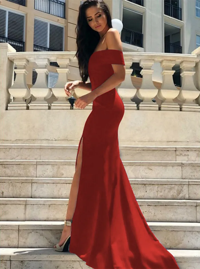 Женское атласное вечернее платье с разрезом и открытыми плечами Robe De Soiree 2018 |