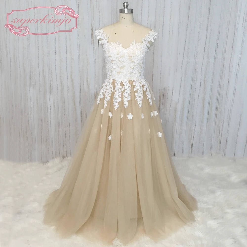 

SuperKimJo Vestido De Fiesta De Boda Champagne Prom Dresses 2021 Lace Applique Elegant Tulle Prom Gown 2022 Robe De Soiree