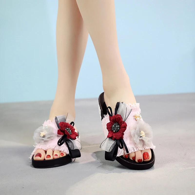 Модные женские шлепанцы Нескользящие босоножки на танкетке с блестками Домашние