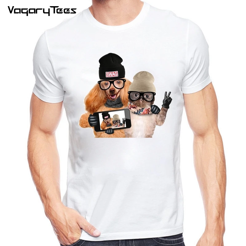 Новинка 2019 летняя мужская футболка с котом и Мопсом собакой повседневные топы