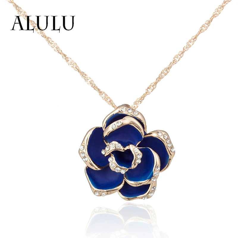 ALULU Fashion Blue Flower Female Pendant Necklace Rhinestone Long Necklaces &amp Pendants Jewelry For Women | Украшения и