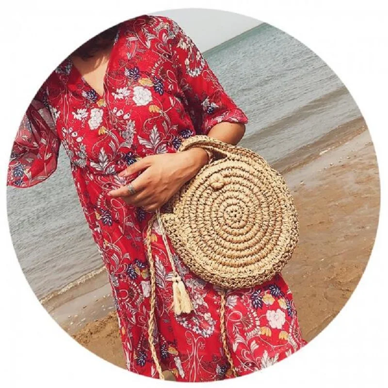 Women Woven Straw Round Handbag Retro Rattan Shoulder Bag Boho Summer Beach Messenger Bags Fashion Designer Female Totes | Багаж и сумки