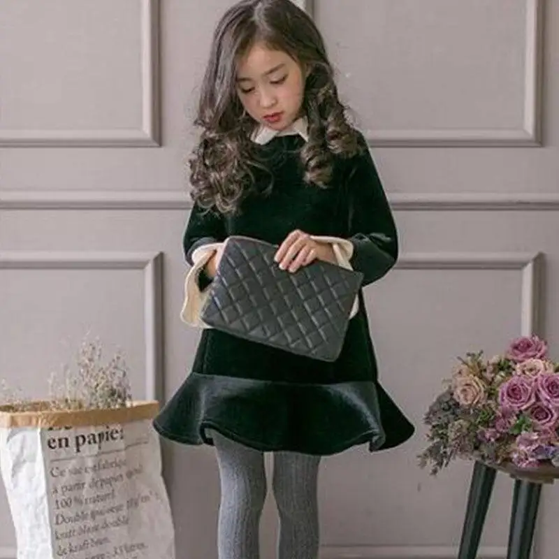 Autumn winter pompon dresses for girls flare sleeve design dress children patchwork clothing plus velvet thick kids wear 3-12Y | Детская