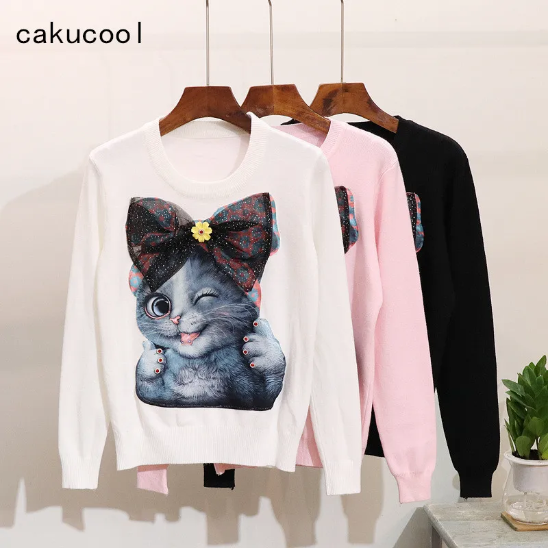 Женский вязаный пуловер с принтом кошки Cakucool Осенний облегающий свитер круглым