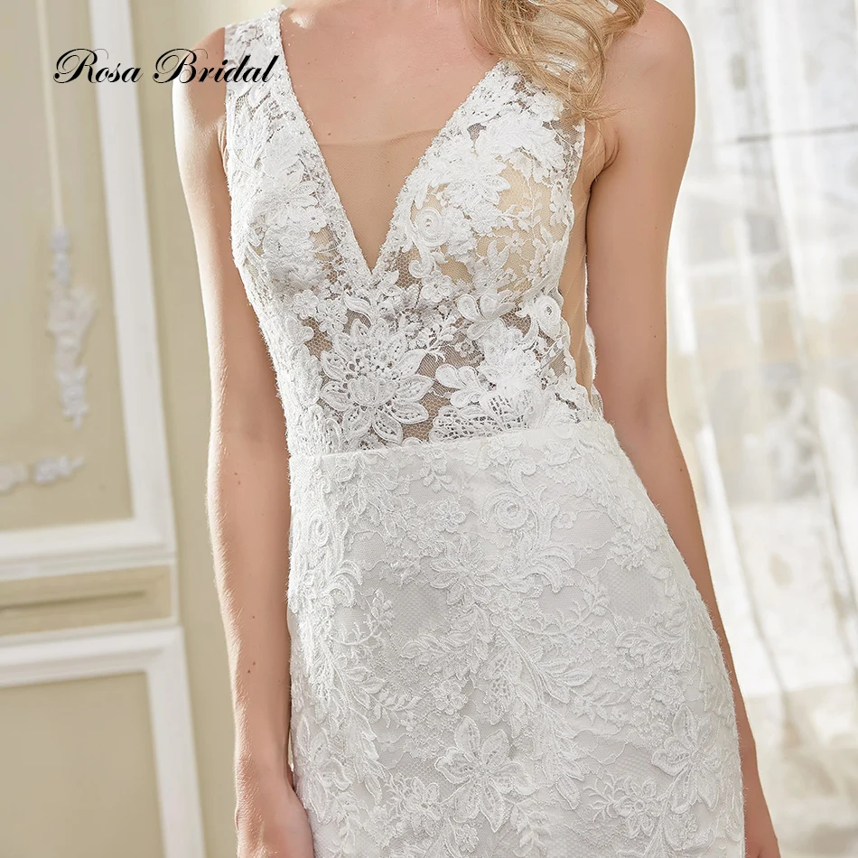 Rosabridal 2019 new Mermaid Wedding Dress Glimpse Deep V-neck Sleeveless Beading Lace Embroidery invisible backless dress