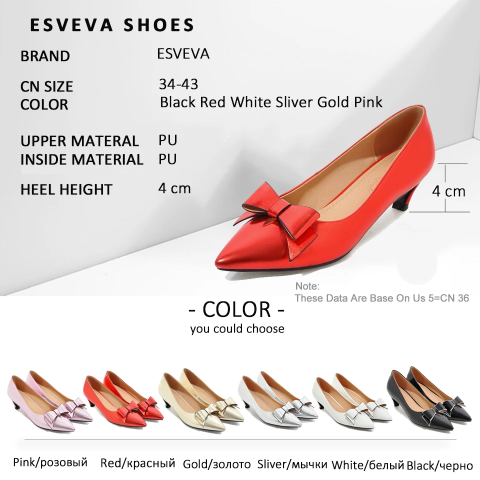 

ESVEVA 2018 Women Pumps Shoes Butterfly-knot Sweet Thin Heels Pointed Toe Med Heels Slip on Elegant Women Shoes Size 34-43
