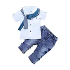 Весенние комплекты одежды для мальчиков короткая футболка + джинсы + шарф, 3 предмета, одежда для маленьких мальчиков Детский костюм для От 2 до 6 лет, детская одежда