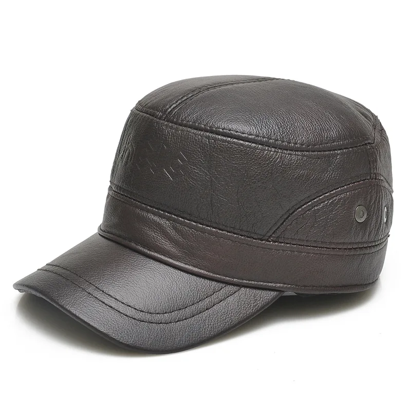 

Autumn Winter Men's Cap Thicken Leather Warm Baseball Caps Flat Top Hats Adjustable Head Size Dad Hat Snapback Cap B-7160