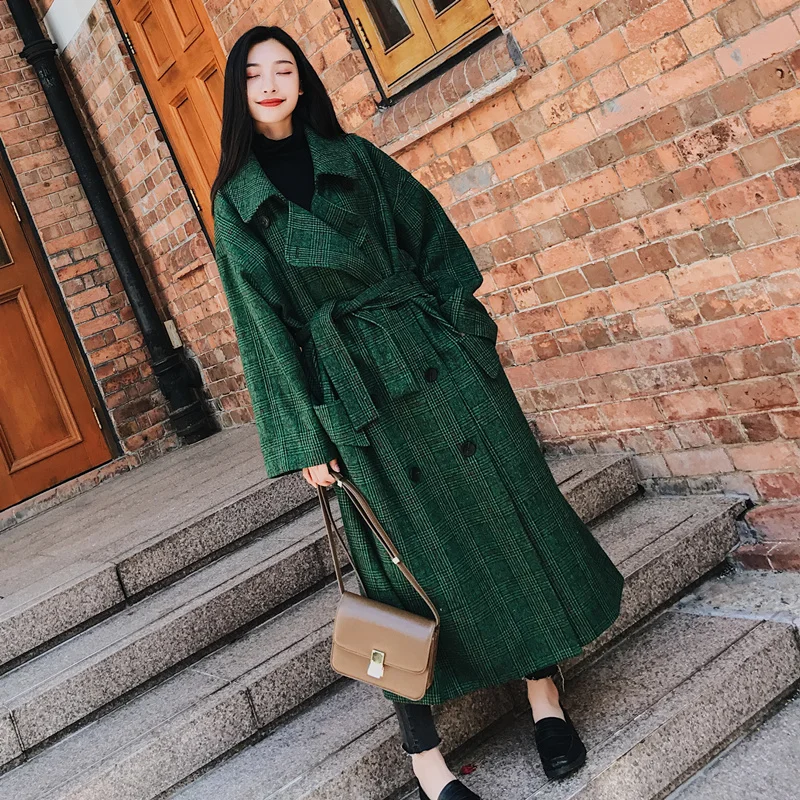 Женское двубортное пальто Notech длинное зеленое повседневное большого размера C790