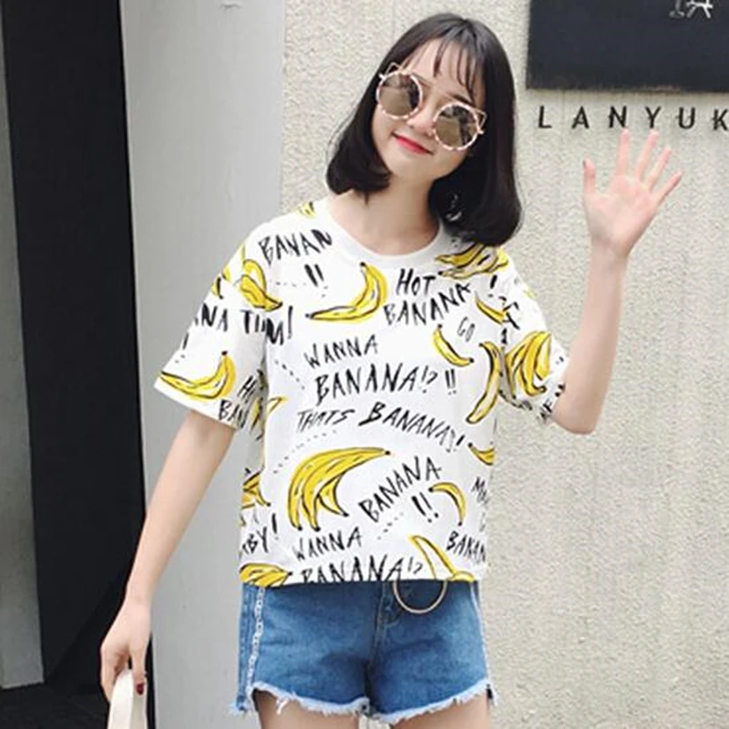 Летняя Шикарная новая футболка с принтом банана для женщин Свободный Топ