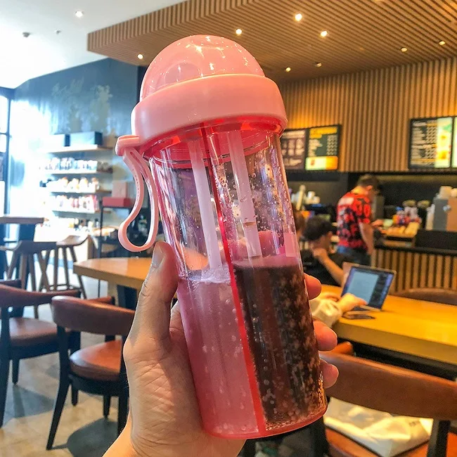 600ml pink Креативная бутылка для воды с двумя отсеками двойная соломенная бутылки для напитков для студентов детей любителей подарок - Цвет: 600ml pink