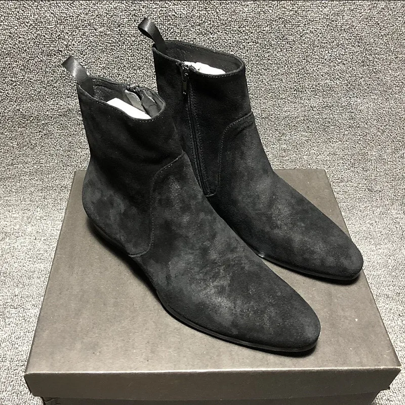 

Vintage black suede wedge slip-on male boots western sewing cowhide brogue formal business men Boots