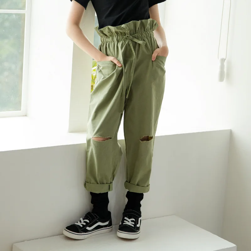 army pant Свободные повседневные штаны для девочек комбинезоны зеленого цвета с рваными дырками в стиле бутон детские брюки с высокой талией г., летние хлопковые штаны для малышей#5128 - Цвет: army pant