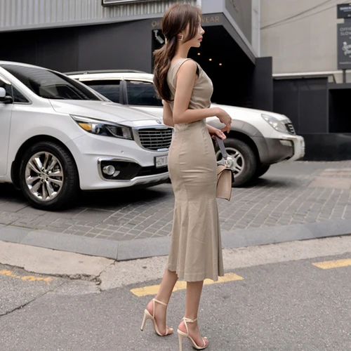 

Summer Trumpet Mermaid Solid Women Dress Knee-length O-neck Tank Womens Dresses Open Side Split Casual Vestido
