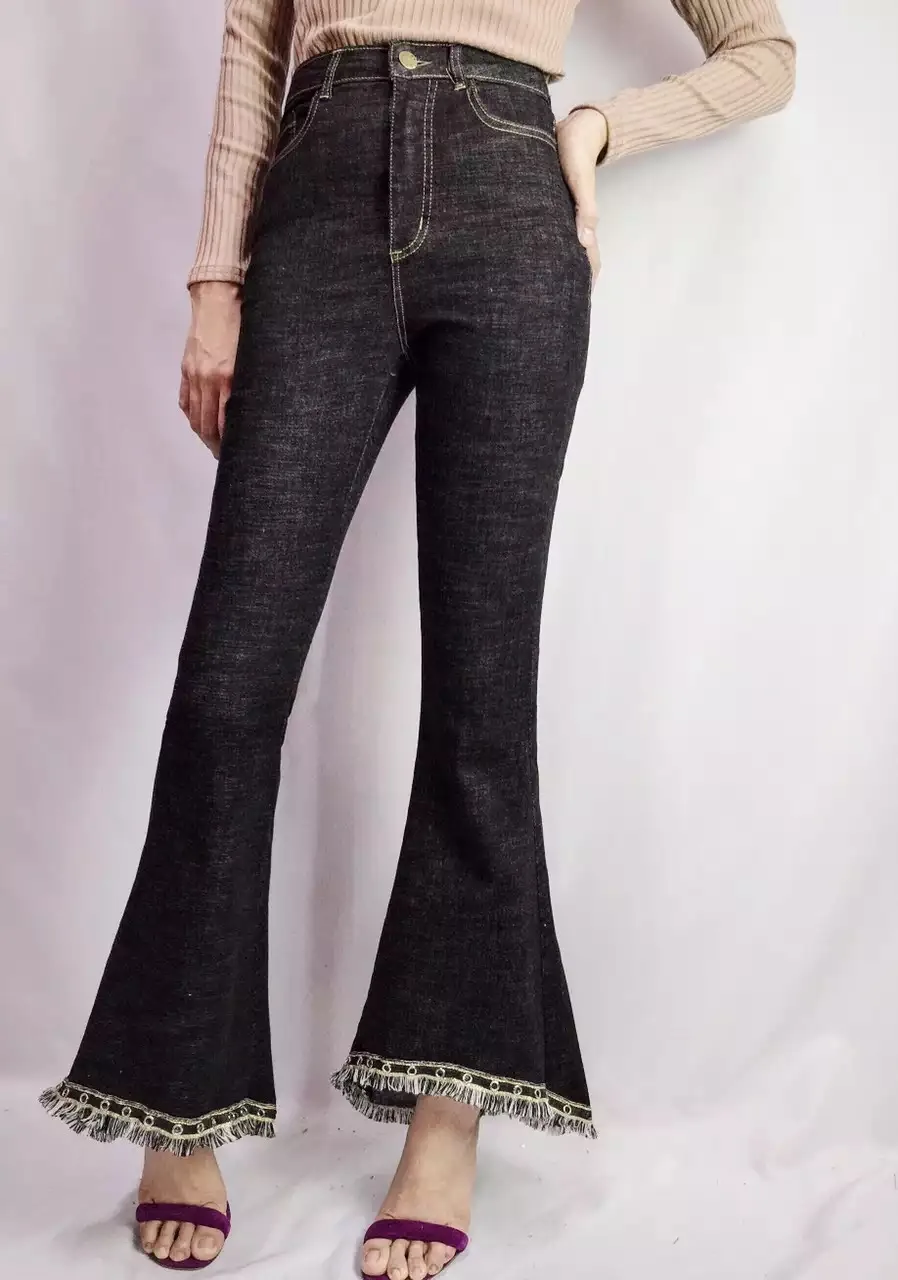 Winter retro arc of the national style curved tassels nine points jeans high waist bell-bottoms |