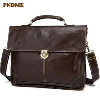 PNDME high quality business casual genuine leather mens briefcase simple office handmade soft cowhide hasp laptop bag work bags