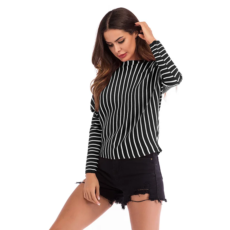 Женский трикотажный пуловер в полоску с рукавом летучая мышь | Женская одежда