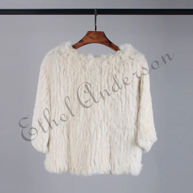 Beige ETHEL ANDERSON Lady Pretty Knitted Fur Coat Real Rabbit Fur Pullover Jacket Short Waistcoat Vogue Design Sweater Free Size - Цвет: Beige