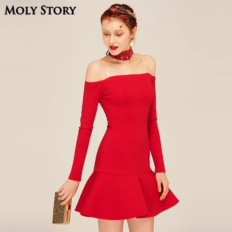 

Spring Cute Sexy Off Shoulder Dresses Long Sleeve Red/Black Ruffle Party Dress Slim Robe Femme