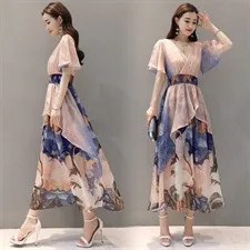 Женское летнее шифоновое длинное платье с цветочным принтом женское тонкое