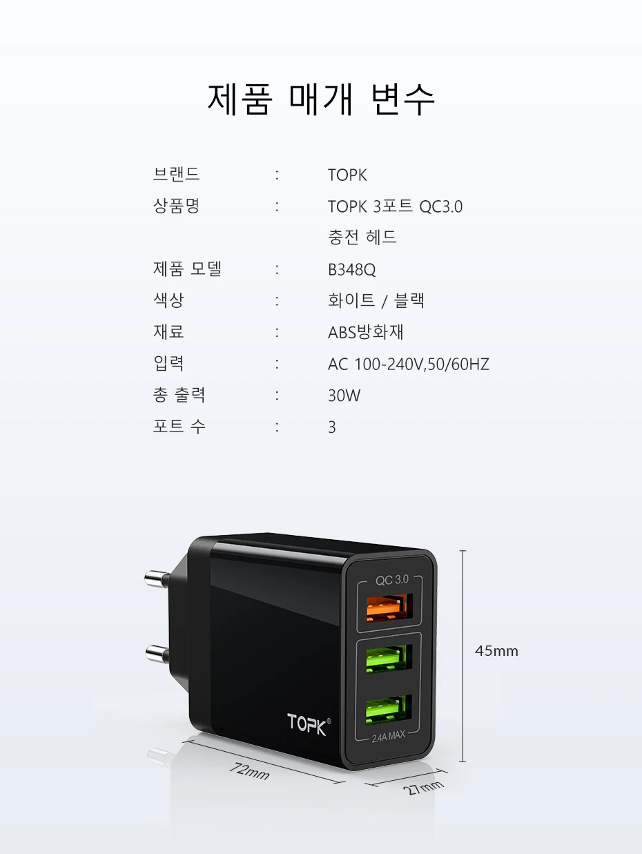 TOPK B348Q USB Quick Charge 3,0 с 3 портами EU настенное зарядное устройство Быстрая зарядка для iPhone samsung Xiaomi huawei