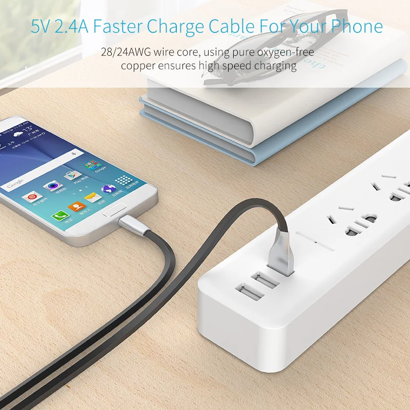 AIFFECT Micro USB кабель 2 м цинковый сплав плоский 2.4A быстрое зарядное устройство для