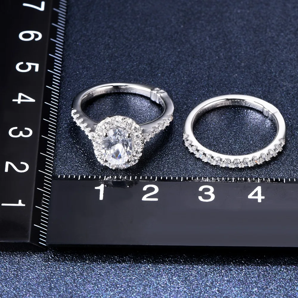 Реальные 925 пробы Серебряное обручальное кольцо для Для женщин 1,5 карат классический овальной формы с бриллиантом CZ гало кольца комплекты 2-в-1 для невесты