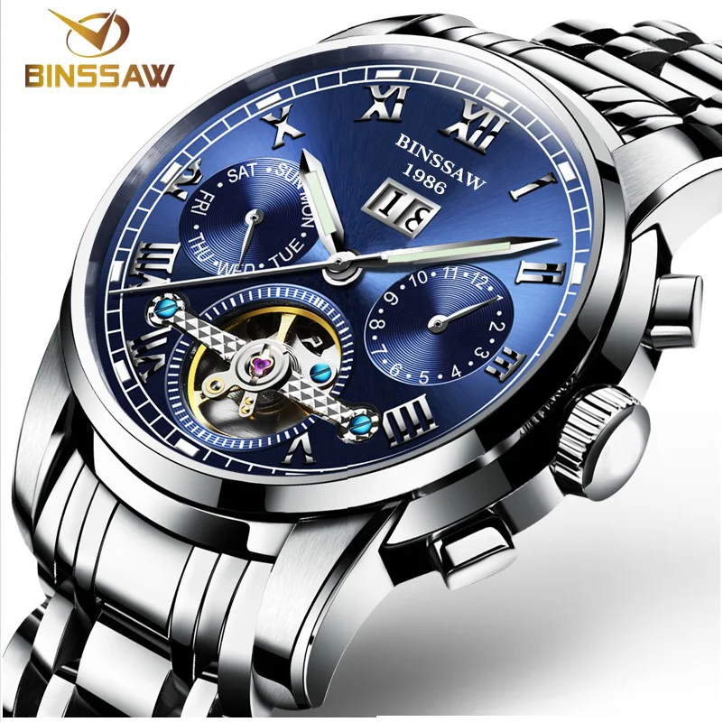 Автоматические механические часы BINSSAW Tourbillon для мужчин фирменные роскошные из