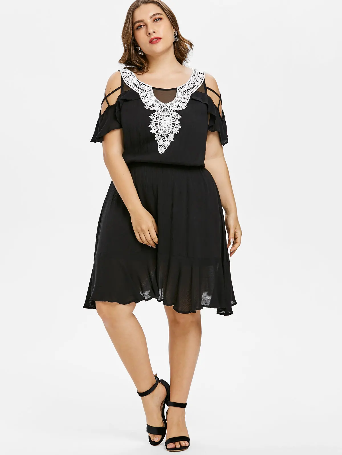 Wipalo Plus Size 5XL Guipure Trim Cold Shoulder Ruffle Dress Women Summer O Neck Short Sleeves Lace A Line Casual Vestidos|Женские