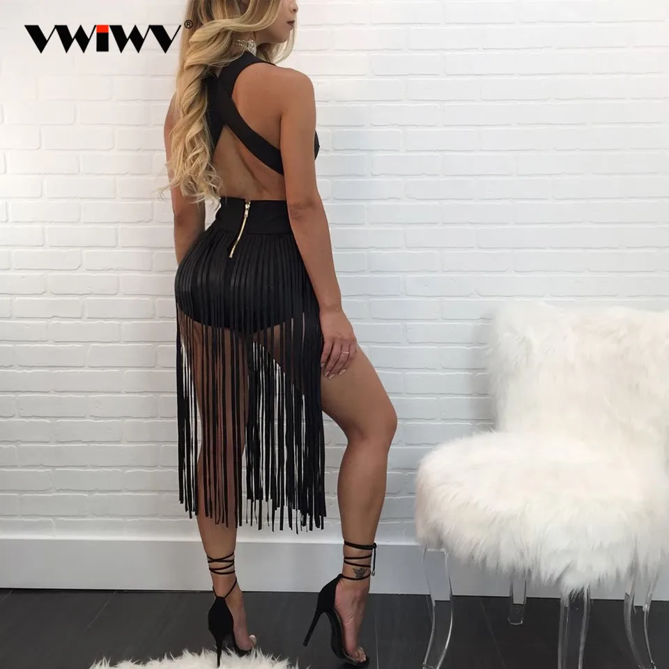 VWIWV 2018 Лето Для женщин Boho платья с кисточками Vestido Сексуальная V шеи спинки полые