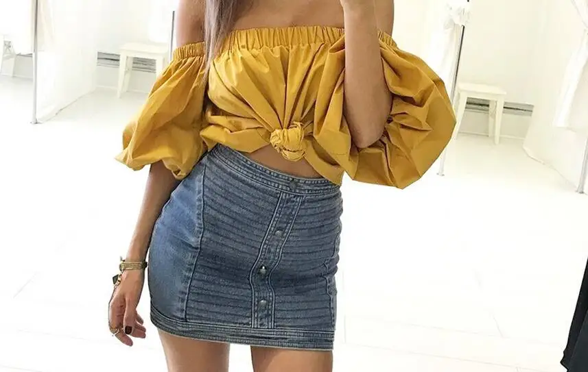 

Sexy slash neck ruffles shirts women tops tees Off shoulder Blouses beach summer style tops Women yellow blouses shirt party top